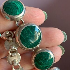VINTAGE DESIGNER HOB HUGE GREEN GENUINE MALACHITE BRACELET 925 STERLING HEAVY